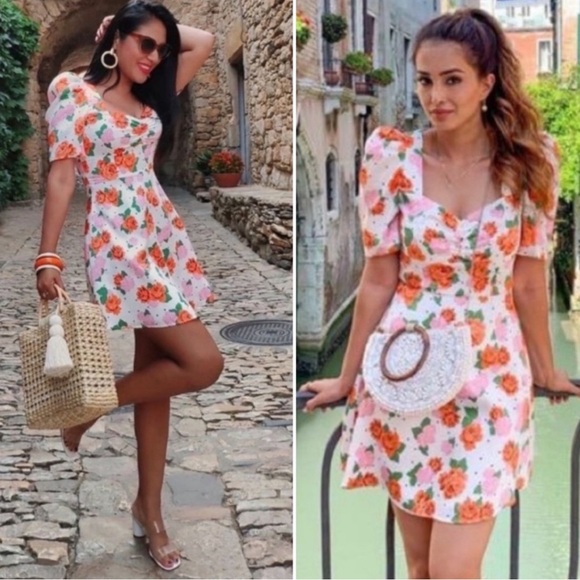 ZARA Blogger Favorite Puff Sleeve Polka Dot Floral Mini Dress Sweetheart Small - Picture 3 of 9